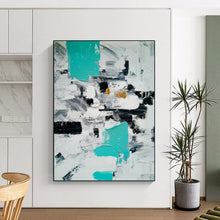 Load image into Gallery viewer, “Abstract Minimalist Color Blocks” - Teal, Grey, White Geometric Art on Canvas DKH1347
