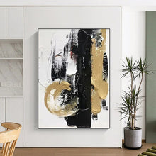 Load image into Gallery viewer, “Bold Black and Gold Abstract with Textured Marks” – Dramatic Abstract Exuding Opulence and Energy DTP146