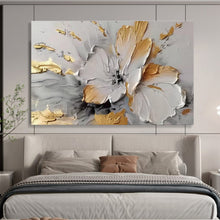 Load image into Gallery viewer, Gold and White Floral Textured Abstract Painting on Canvas - “Gilded Beauty” DKH677