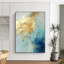 Load image into Gallery viewer, “Sky Gold Flurry” – Blue, Gray & Gold Abstract Acrylic with Textured Cloud - like Forms DTP071