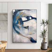Load image into Gallery viewer, Large - Scale Flowing Blue and Gold Abstract Acrylic for Artistic Bedroom & Creative Studio LargeART0312