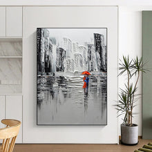 Load image into Gallery viewer, “Black and White Cityscape with Red Umbrella” - Textured Urban Art on Canvas DKH1600
