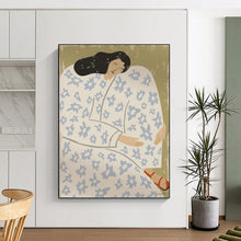 Load image into Gallery viewer, “Floral - Clad Resting Figure” - Green, Blue, White Abstract Figural Art on Canvas DKH1146