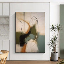 Load image into Gallery viewer, “Swirling Hues” – Flowing lines, mix of olive, teal, and amber on light backdrop DTP365