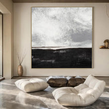 Load image into Gallery viewer, Monochrome Sea - Sky Abstract Canvas Painting, Ideal for Coastal Bedroom & Minimalist Office LargeART1154