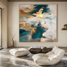 Load image into Gallery viewer, Teal, Gold & White Abstract Acrylic Art with Gold Accents, Suited for Glamorous Bedroom & Upscale Spa LargeART1002