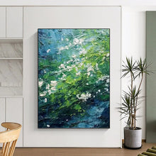 Load image into Gallery viewer, “Lush Green Impasto” - Blue, Green, and White Nature Art on Canvas DKH1404