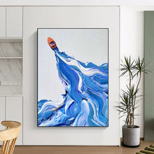 Load image into Gallery viewer, “Boat on Swirling Waves” – Small orange boat, dynamic blue and white swirling wave patterns. DTP321