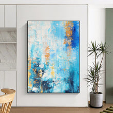 Load image into Gallery viewer, Hand - painted Oversized Blue with Gold Accents Abstract Acrylic Art for Elegant Home Offices LargeART0015