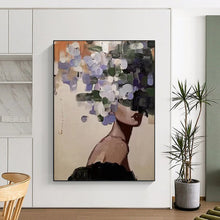 Load image into Gallery viewer, “Floral Veil” ,Soft beige background, with a figure whose face is obscured by loose, painterly purple, white, and green flowers. DTP309
