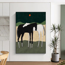 Load image into Gallery viewer, “Horse Duo in Nature” - Black, White, and Green Landscape Art on Canvas DKH1412