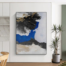 Load image into Gallery viewer, “Blue - Grey Abstract with Gold Twigs” - Blue, Grey, Black, Gold Abstract Art on Canvas DKH1231
