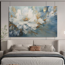 Load image into Gallery viewer, Hand - painted Large - Format White Flower with Gold and Blue Background Acrylic Art for Elegant Bedrooms LargeART1756