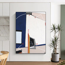 Load image into Gallery viewer, “Geometric Architectural Abstraction” - Blue, White, Red, Grey Abstract Art on Canvas DKH1106