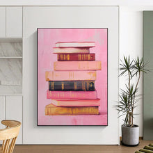 Load image into Gallery viewer, Stack of Books on Pink Abstract Art, Perfect for Cozy Library & Intellectual Study LargeART2017