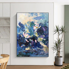 Load image into Gallery viewer, “Impressionistic Lotus Pond” - Blue, Pink, Green Floral Art on Canvas DKH1298