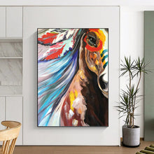 Load image into Gallery viewer, “Colorful Horse with Feather Headdress” - Vividly Painted Equine Art on Canvas DKH1426
