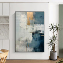 Load image into Gallery viewer, Oversized Hand - painted Blue - Gray and Gold Abstract Fusion Acrylic Art for Luxe - Themed Living Rooms LargeART0248