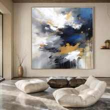 Load image into Gallery viewer, Blue, Gold, Gray & White Abstract Burst Canvas Painting, Perfect for Creative Studio & Energetic Home Gym LargeART1253