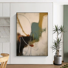 Load image into Gallery viewer, “Colorful Chaos” – Curved lines, blocks of teal, mustard, and rust on white DTP364