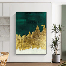 Load image into Gallery viewer, “Green and Gold Mountain Abstract” - Green, Gold, White Abstract Art on Canvas DKH1335