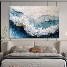 Load image into Gallery viewer, Textured Blue - White - Gold Wave Painting On Canvas DKH347