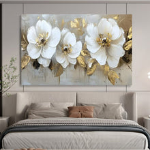 Load image into Gallery viewer, Hand - painted White Flowers with Gold Leaves Acrylic Art for Elegant Dining Rooms LargeART1705