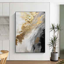 Load image into Gallery viewer, “Gilded Flow” ,White, gray, black, and gold, featuring fluid, dripping brushstrokes and metallic accents. DTP302