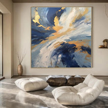 Load image into Gallery viewer, Blue & Gold Swirl Abstract Canvas Painting, Perfect for Coastal Bedroom & Luxury Spa Lounge LargeART1265