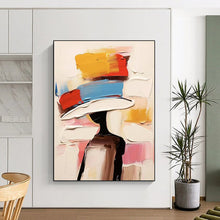 Load image into Gallery viewer, “Color - Blocked Hat Figure” – Abstract figure with a hat of bold color blocks (yellow, red, blue, white). DTP324