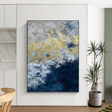 Load image into Gallery viewer, “Blue, White and Gold Abstract” - Luxe Abstract Art on Canvas DKH1549