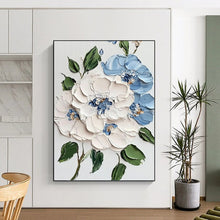 Load image into Gallery viewer, “Textured Blue and White Blooms” - 3D Floral Art on Canvas DKH1387