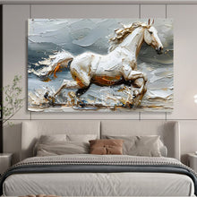 Load image into Gallery viewer, Textured White Horse “Galloping Grace” Painting on Canvas, Dynamic Equestrian Art DKH812