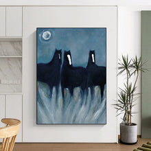 Load image into Gallery viewer, “Mystic Black Horses in Moonlight” - Symbolic Equine Art on Canvas DKH1444