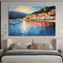 Load image into Gallery viewer, Coastal Town “Sunny Harbor” Painting on Canvas, Luminous Seaside Art DKH877