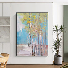 Load image into Gallery viewer, “Colorful Birch Grove Abstract” - Blue, Green, Yellow Landscape Art on Canvas DKH1300