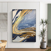 Load image into Gallery viewer, Blue - Gold Marbled Flow Acrylic Art - Ideal for Luxury Hotel Lobby & Opulent Home Office LargeART0564