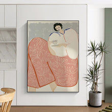 Load image into Gallery viewer, “Elegant Tea - Time Lady” - Grey, Pink, Blue Abstract Figural Art on Canvas DKH1147