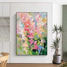 Load image into Gallery viewer, “Vibrant Floral Impasto” - Pink, Blue, and Green Flower Art on Canvas DKH1403