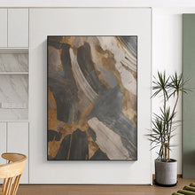 Load image into Gallery viewer, “Black, Gray, and Gold Textured Abstract” – Tactile Abstract with Metallic Accents DTP137