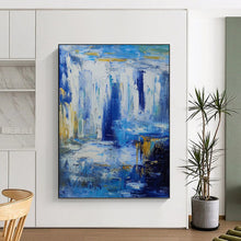 Load image into Gallery viewer, “Blue and Gold Waterfall Abstract” - Blue, Gold, White Abstract Art on Canvas DKH1332