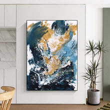 Load image into Gallery viewer, Gold & Blue Abstract Splash – Energetic Acrylic Painting DTP234
