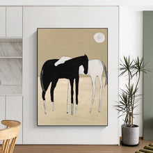 Load image into Gallery viewer, “Minimalist Horse Duo” - Black, White, and Beige Animal Art on Canvas DKH1410