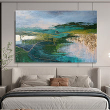 Load image into Gallery viewer, Green and Blue Abstract Landscape with Gold Lines for Luxury Living Room & Sophisticated Hotel Lobby DKH127