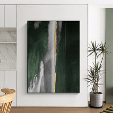 Load image into Gallery viewer, “Gold Strip Green and Grey” - Green, Grey, Gold Abstract Art on Canvas DKH1203