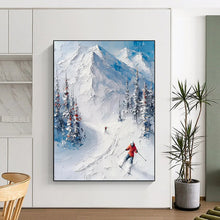 Load image into Gallery viewer, “Textured Mountain Skiers” ,Thick white impasto for mountains, with detailed skiers and snow - covered trees in blue and white. DTP313
