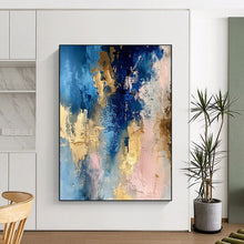 Load image into Gallery viewer, “Blush & Blue Gold Melt” – Blue, Pink & Gold Abstract Acrylic with Layered Textures DTP072