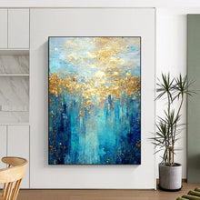 Load image into Gallery viewer, “Blue - Gold Forest” – Blue, Aqua & Gold Abstract Acrylic with Textured Trees DTP065