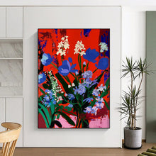 Load image into Gallery viewer, “Blue Blooms on Red” – Bold Floral Painting with Vibrant Color Contrast DTP101