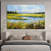 Load image into Gallery viewer, Vivid Landscape Abstract Painting with Blue Sky, Green Fields and Flowers for Countryside - Style Living Room & Relaxing Garden Café DKH271